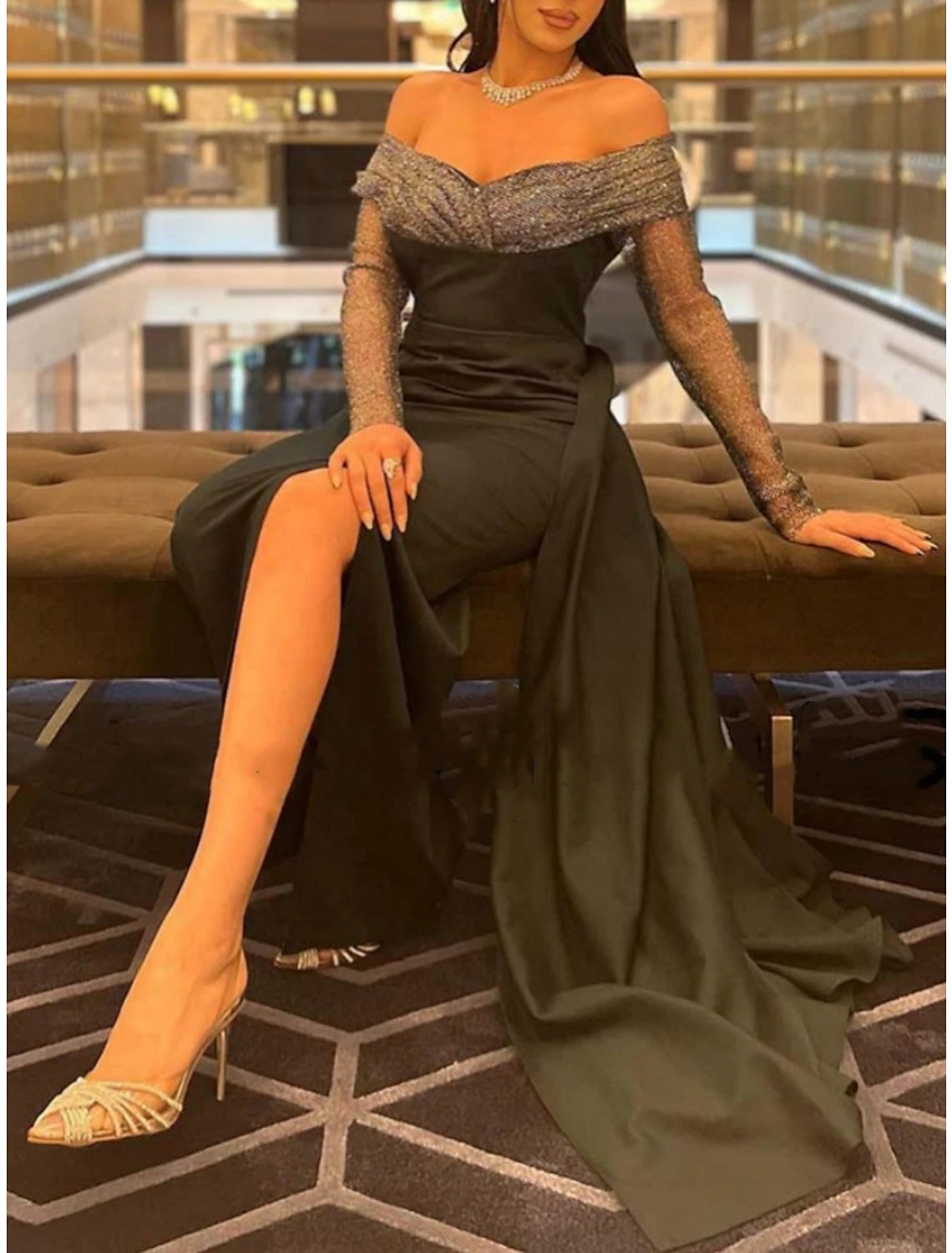 Sheath / Column Evening Gown Elegant Dress Formal Black Dress Floor Length Long Sleeve Off Shoulder  Fabric with Sequin Slit 2025
